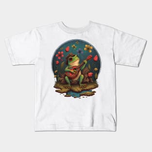 Cottagecore aesthetic cute frog playing ukelele on Mushroom Kids T-Shirt